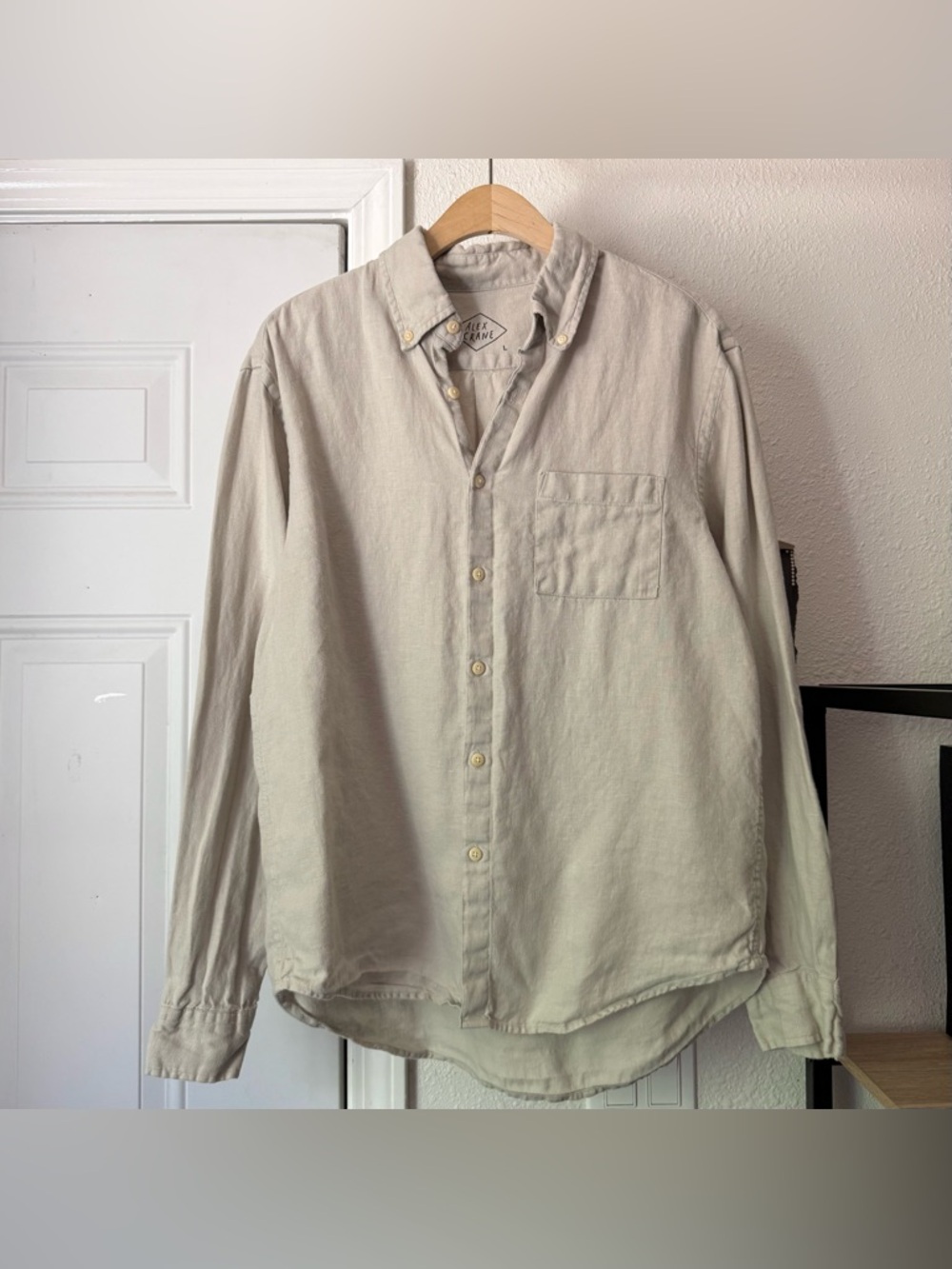 ALEX CRANE tan khaki beige linen long sleeve button up shirt